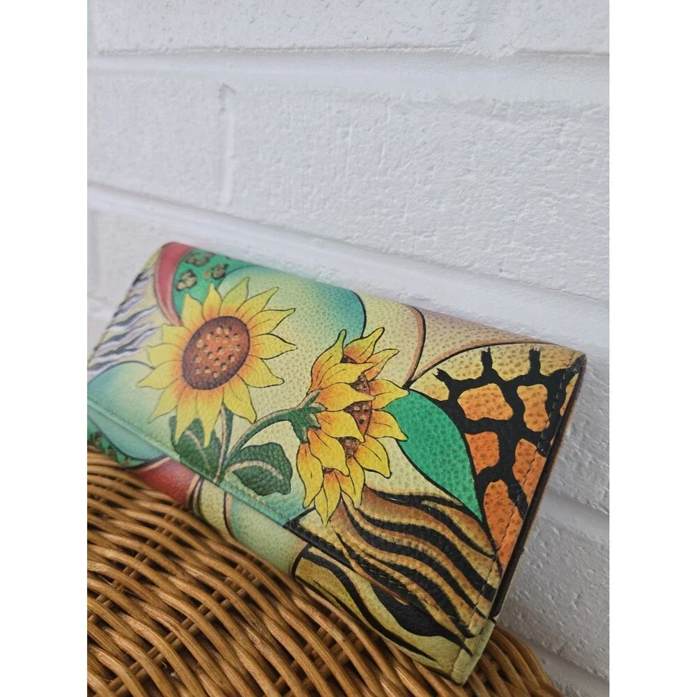 Anna By Anuschka Hand-Painted Leather Checkbook  Sunflower  Mixed Animal Print
